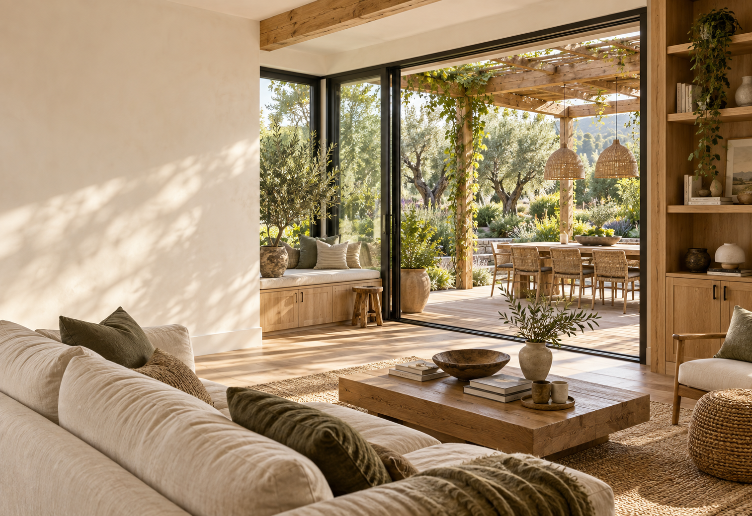 A welcoming living room opening onto a sunlit garden deck